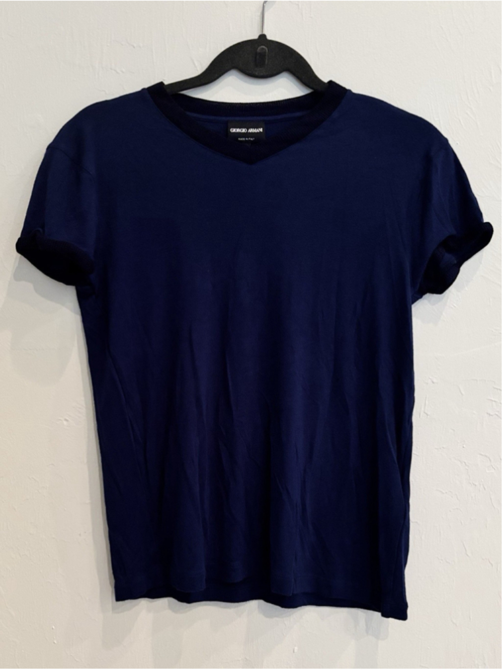 Giorgio Armani Viscose T-Shirt Navy Blue Silk Blend, Contrast Trim Sz 50